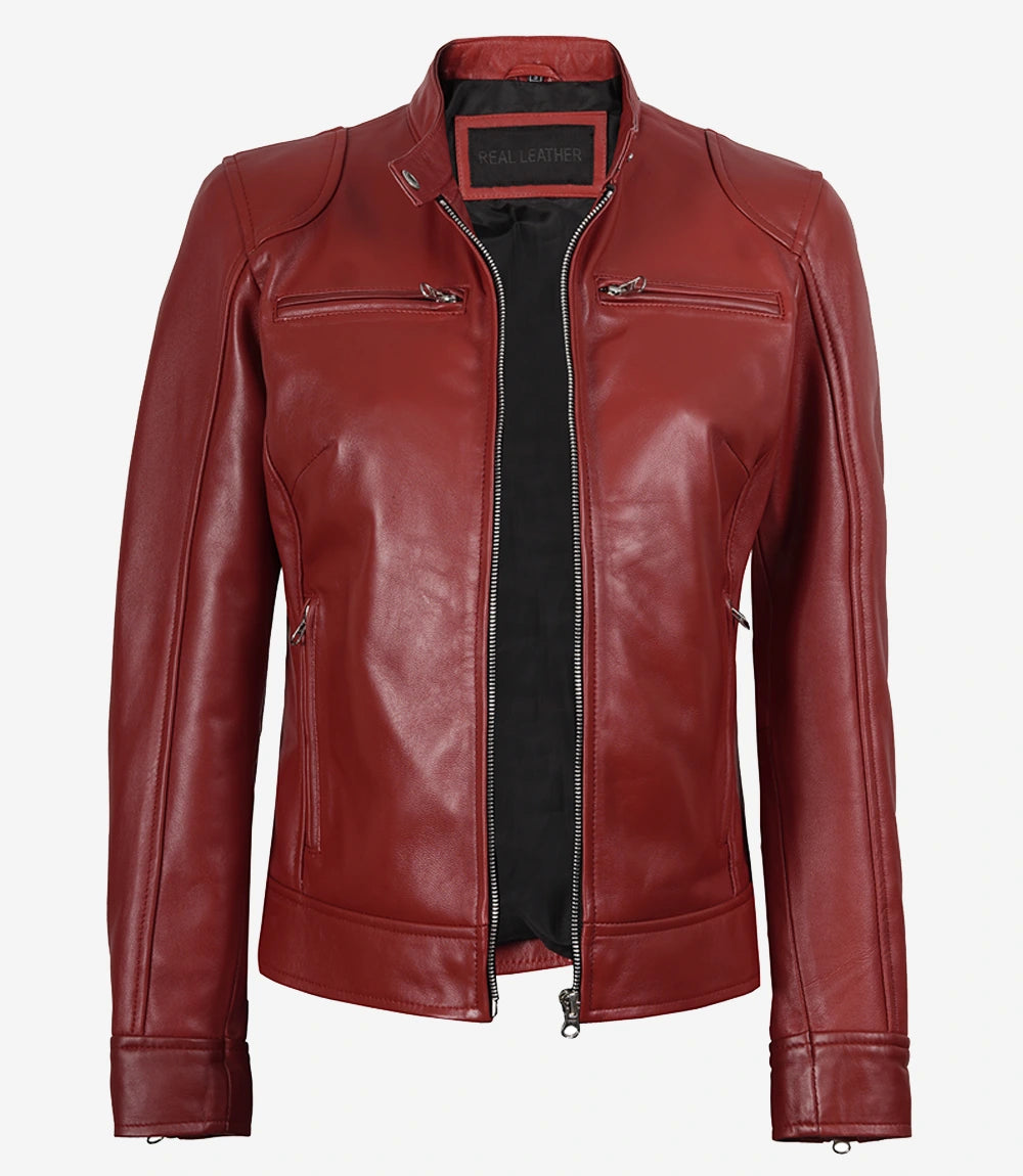 Womens Real Leather Red Moto Jacket