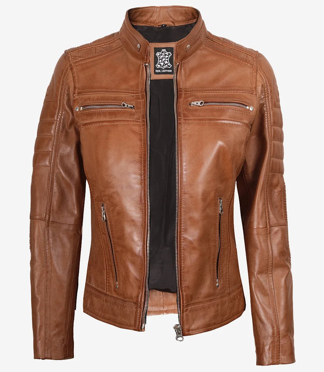Veste en cuir style motard beige pour femme