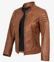 Veste style motard en cuir d'agneau véritable pour femme, couleur tan