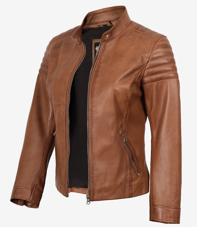 Veste style motard en cuir d'agneau véritable pour femme, couleur tan