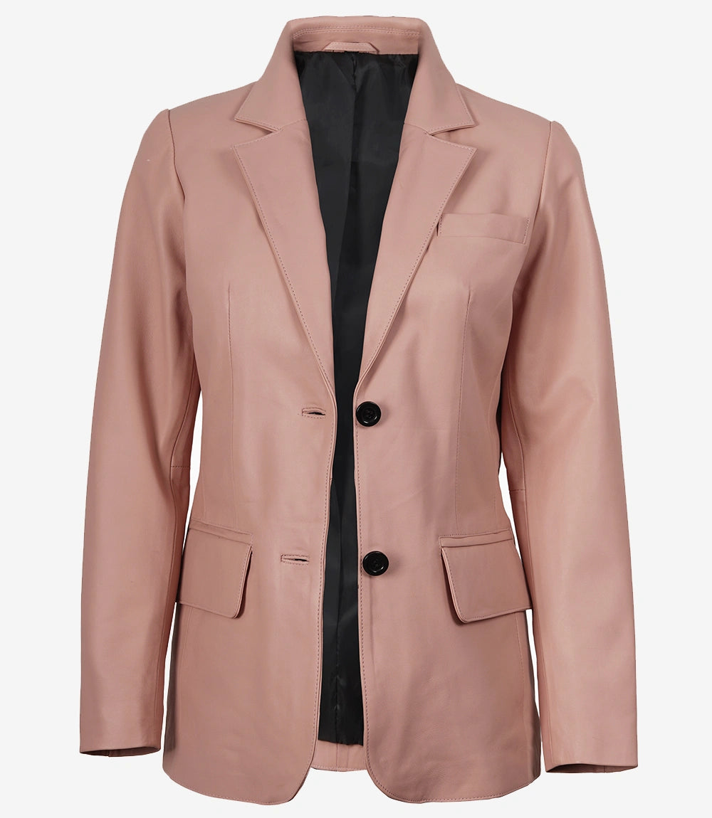 Blazer en cuir rose à deux boutons pour femme