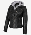 Women's Biker Style Black Leather Jacket with Hood