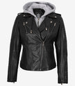 Women's Biker Style Black Leather Jacket with Hood