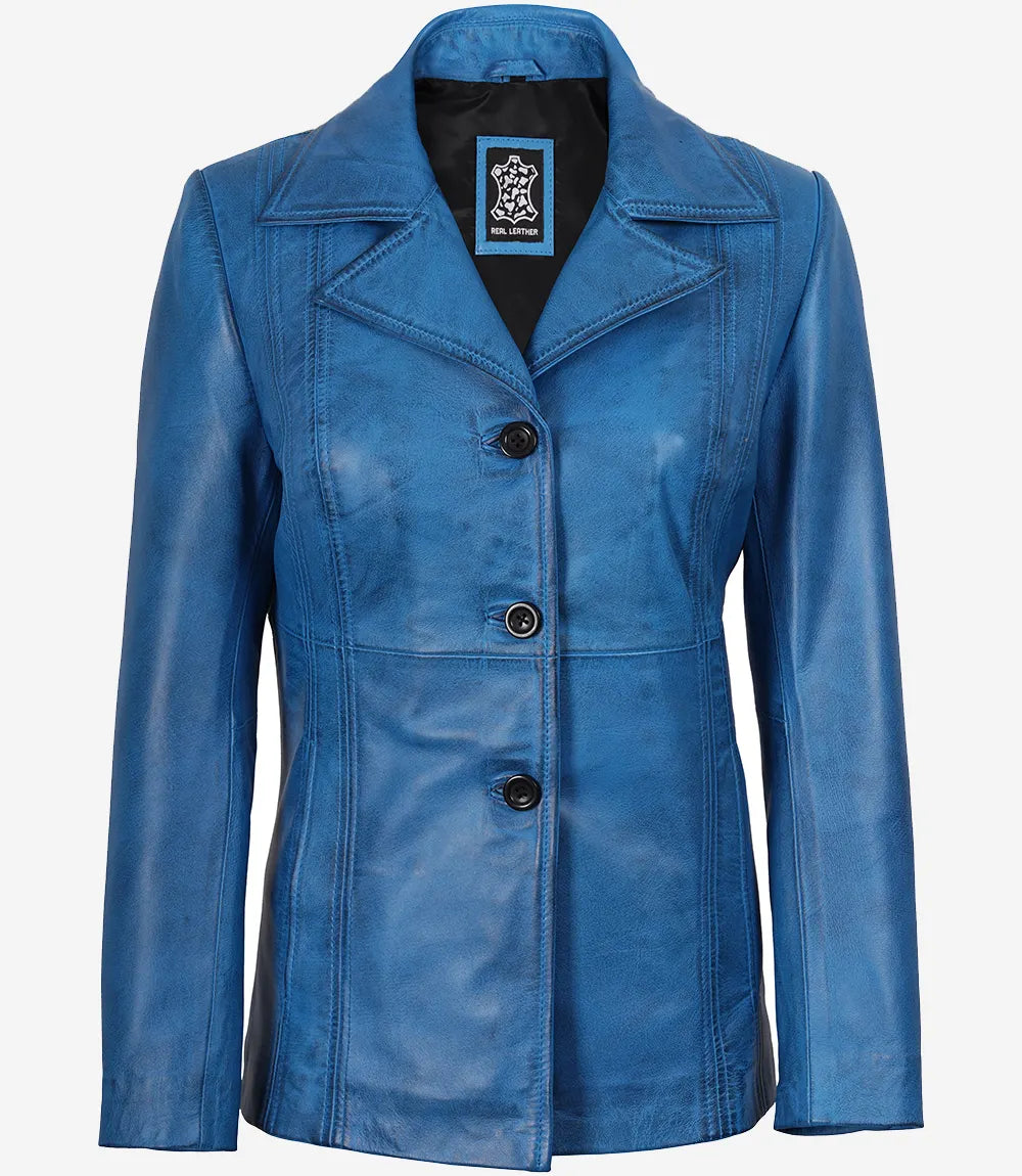 Manteau en cuir ciré bleu pour femme - Trois boutons
