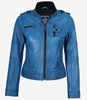 Veste style motard en cuir d'agneau ciré bleu pour femme