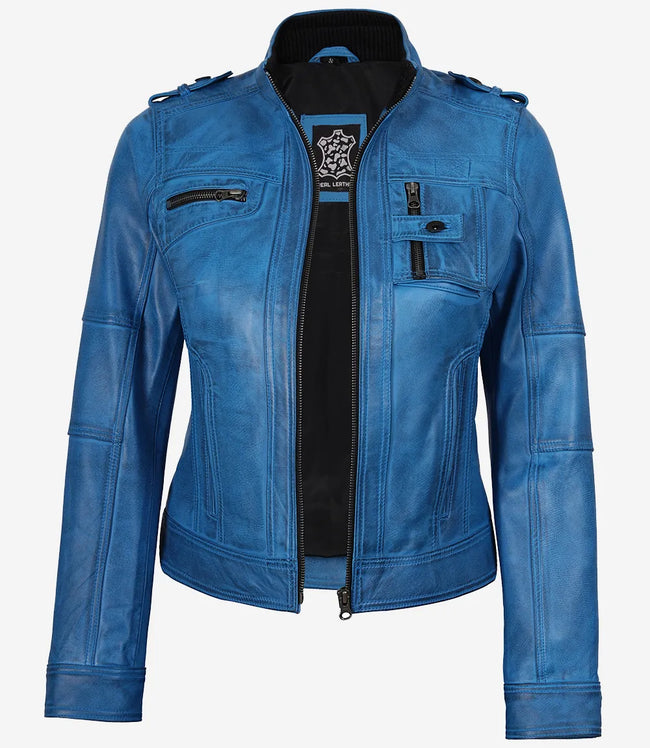 Veste style motard en cuir d'agneau ciré bleu pour femme