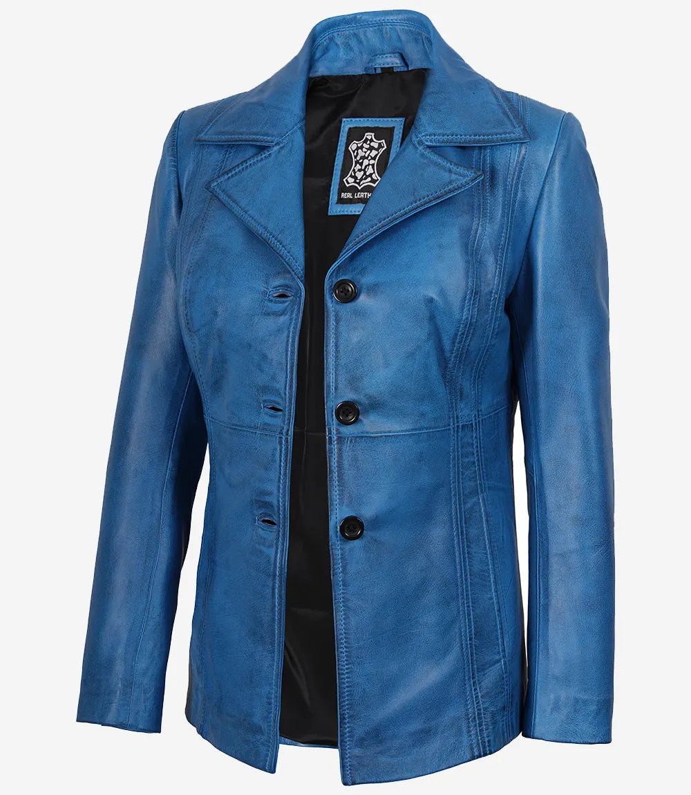Manteau en cuir ciré bleu pour femme - Trois boutons