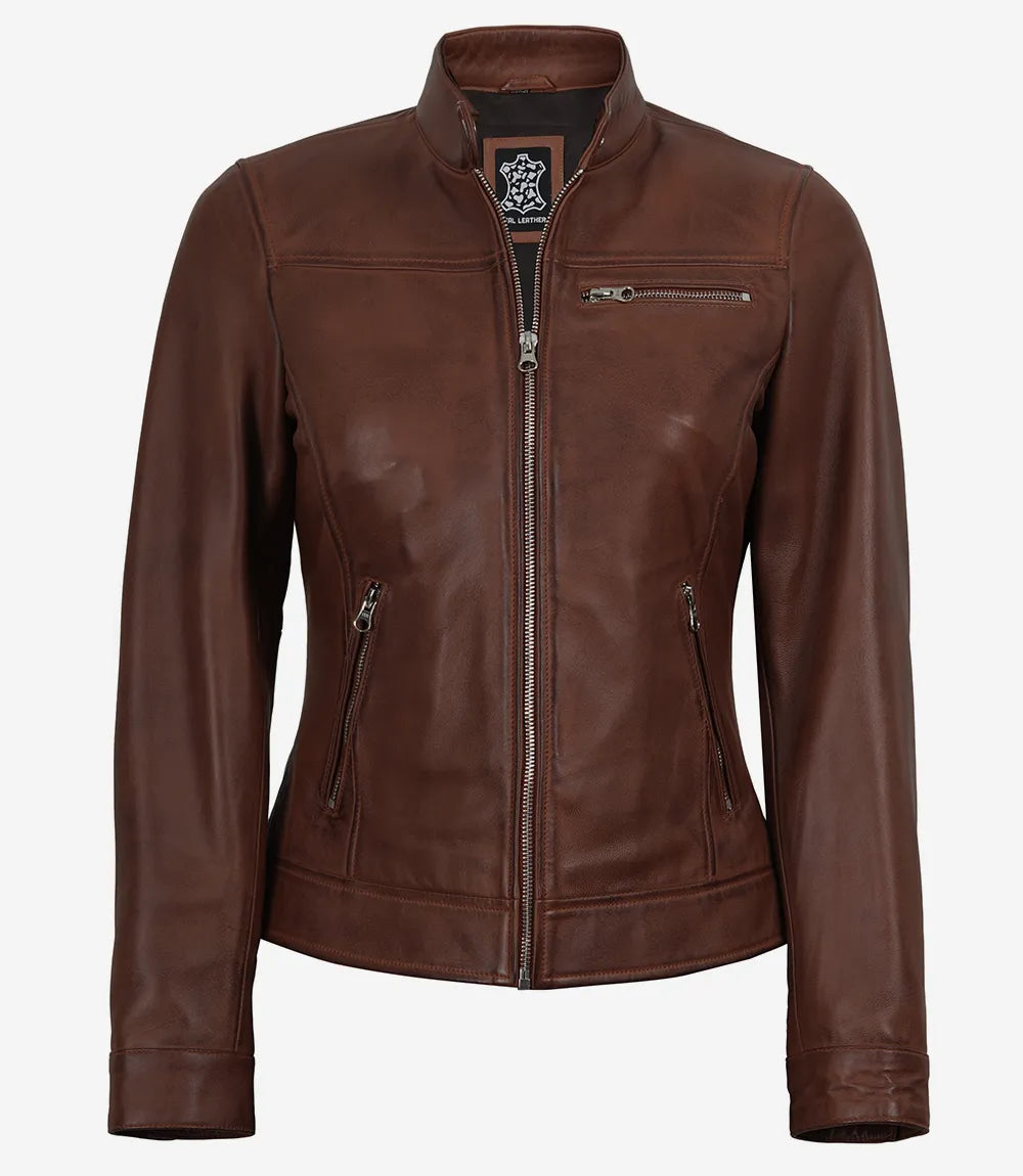 Women's Cognac Waxed Lambskin Biker Style Leather Jacket