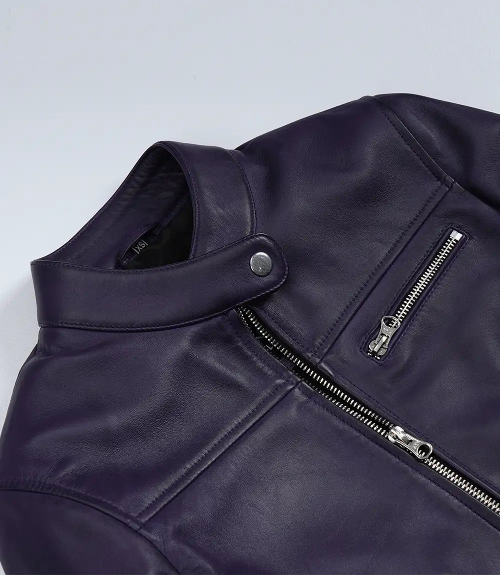 Women's Purple Waxed Lambskin Biker Style Leather Jacket