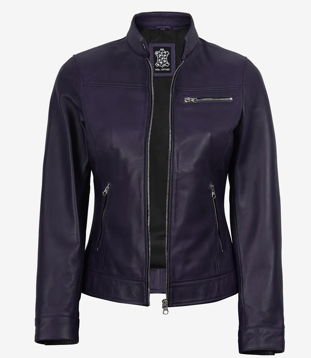Women's Purple Waxed Lambskin Biker Style Leather Jacket