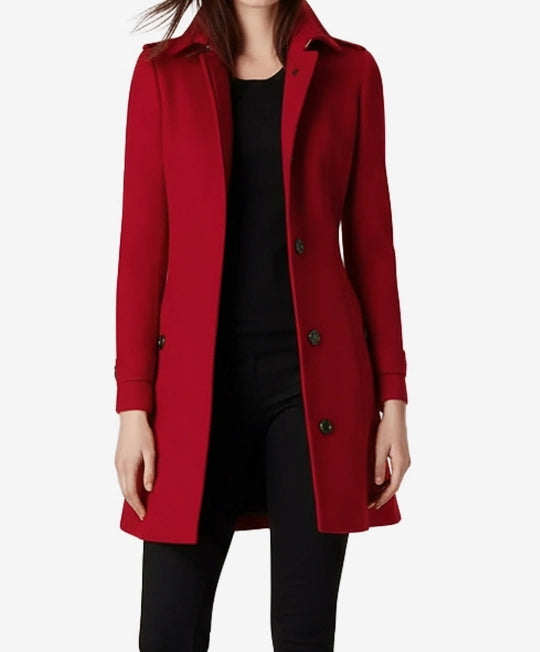 Manteau en laine rouge à boutonnage simple pour femme - Longueur 3/4