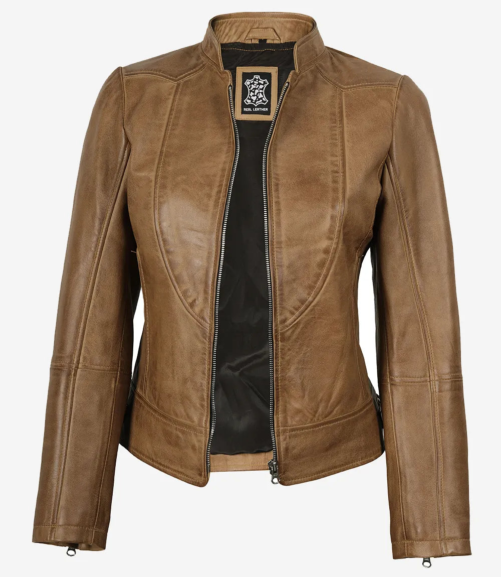 Veste en cuir style motard marron camel Amy pour femme