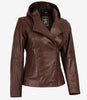 Veste en cuir marron asymétrique style motard pour femme avec capuche