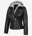 Veste en cuir noir style motard pour femme avec capuche