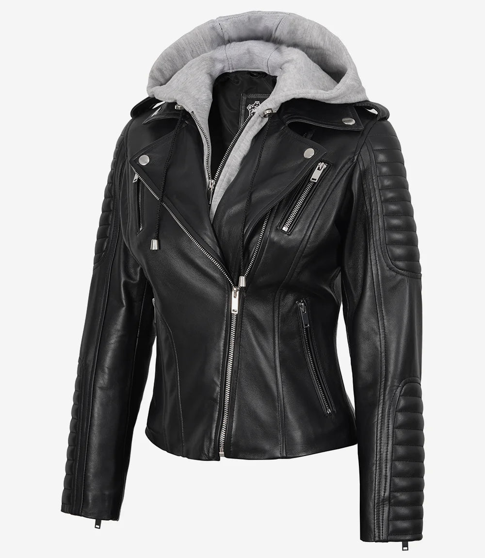 Veste en cuir noir style motard pour femme avec capuche