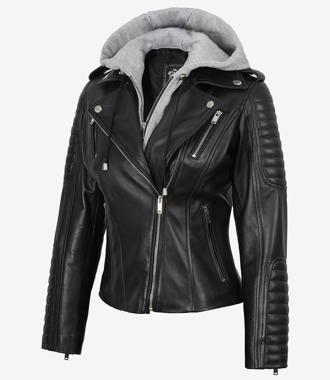 Veste en cuir noir style motard pour femme avec capuche