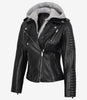 Veste en cuir noir style motard pour femme avec capuche