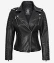 Veste en cuir noir style motard pour femme avec capuche