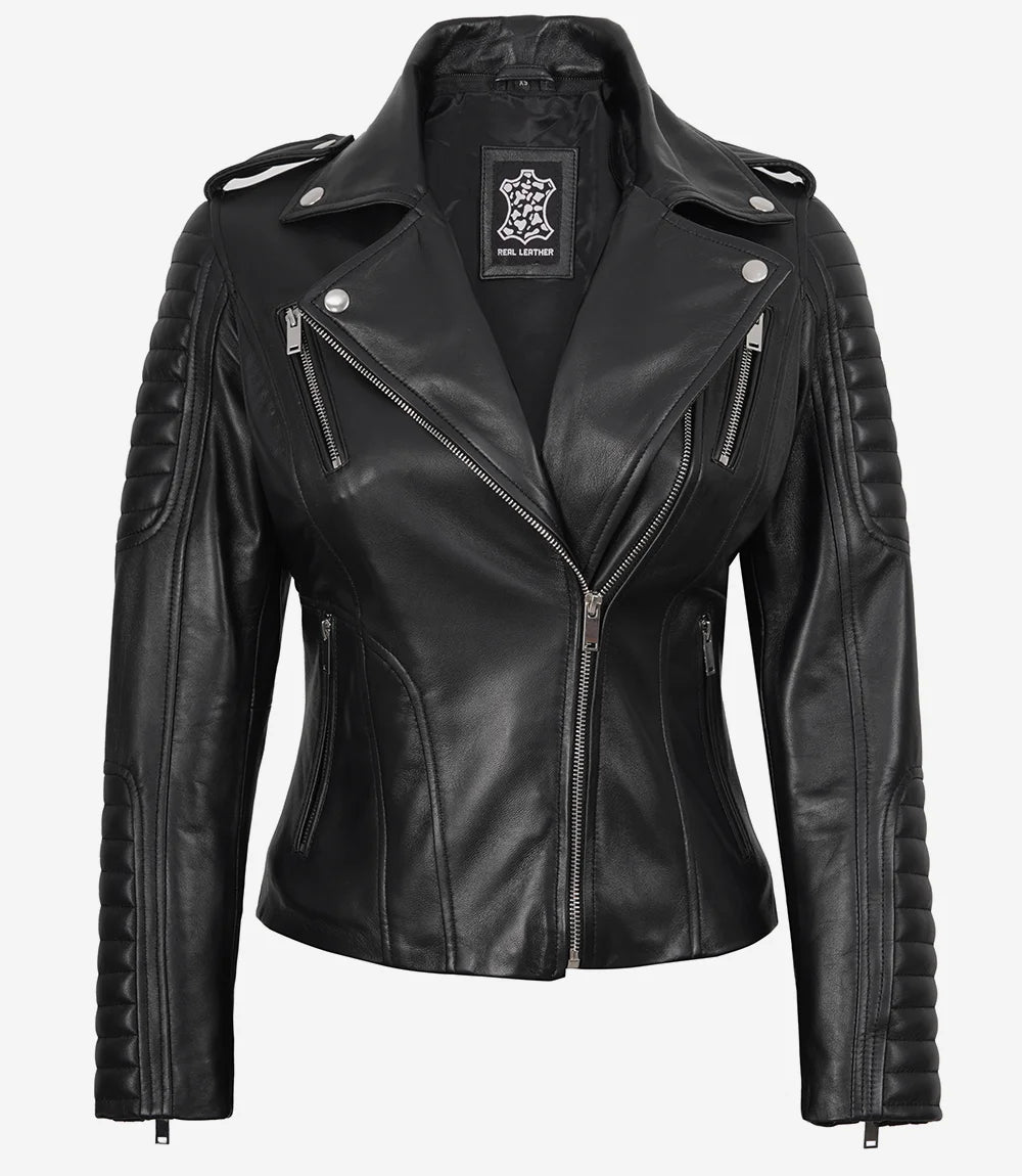 Veste en cuir noir style motard pour femme avec capuche