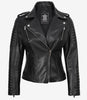 Veste en cuir noir style motard pour femme avec capuche