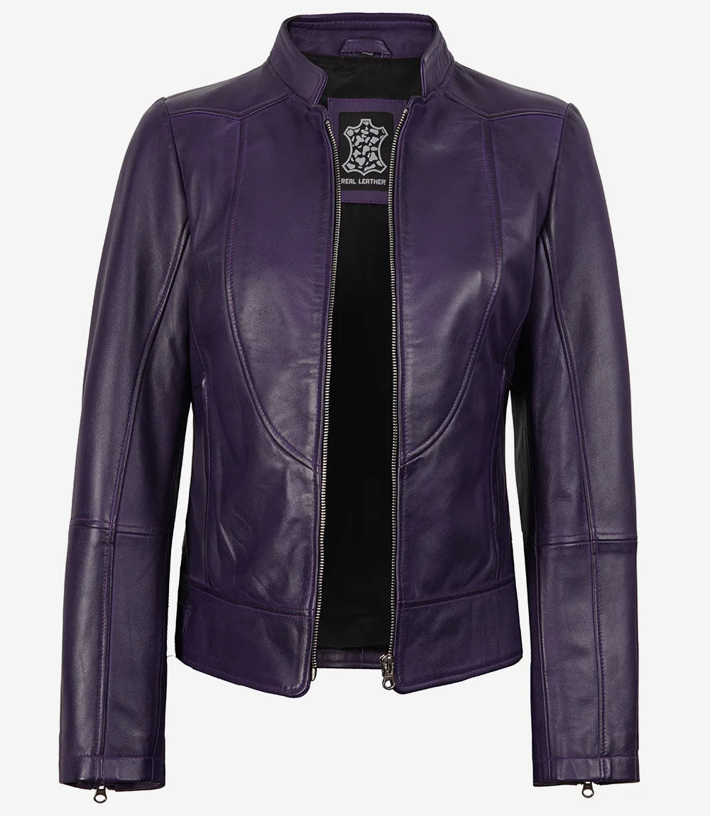 Veste en cuir style motard violette pour femme, coupe moderne
