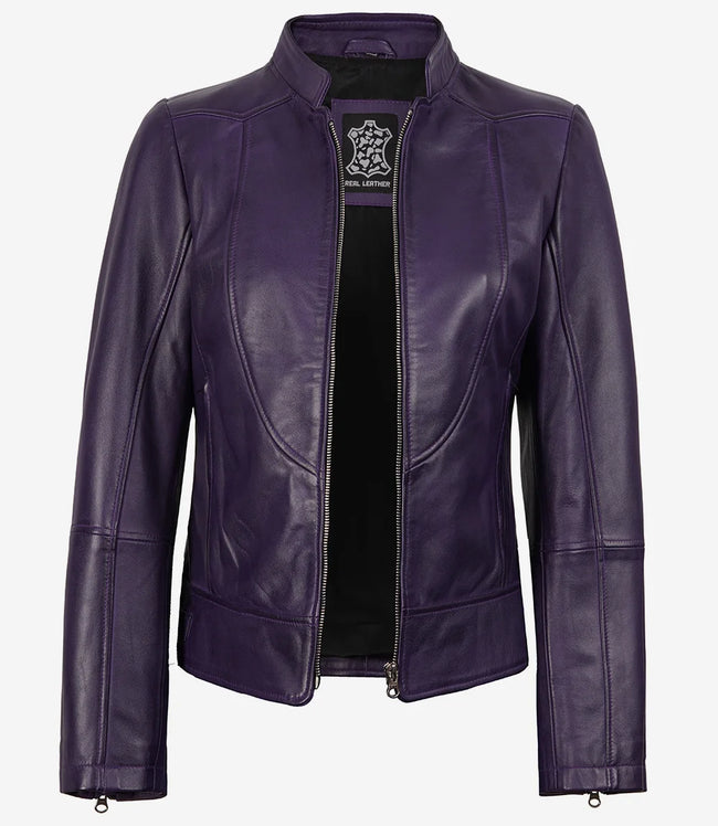 Veste en cuir style motard violette pour femme, coupe moderne