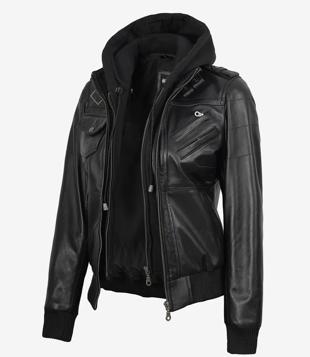 Blouson aviateur en cuir noir pour femme avec capuche amovible