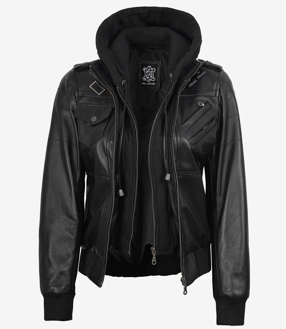 Blouson aviateur en cuir noir pour femme avec capuche amovible