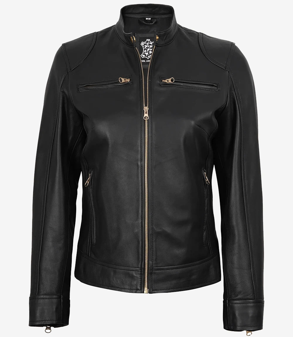 Womens Black Real Leather Biker Style Jacket - Golden Details