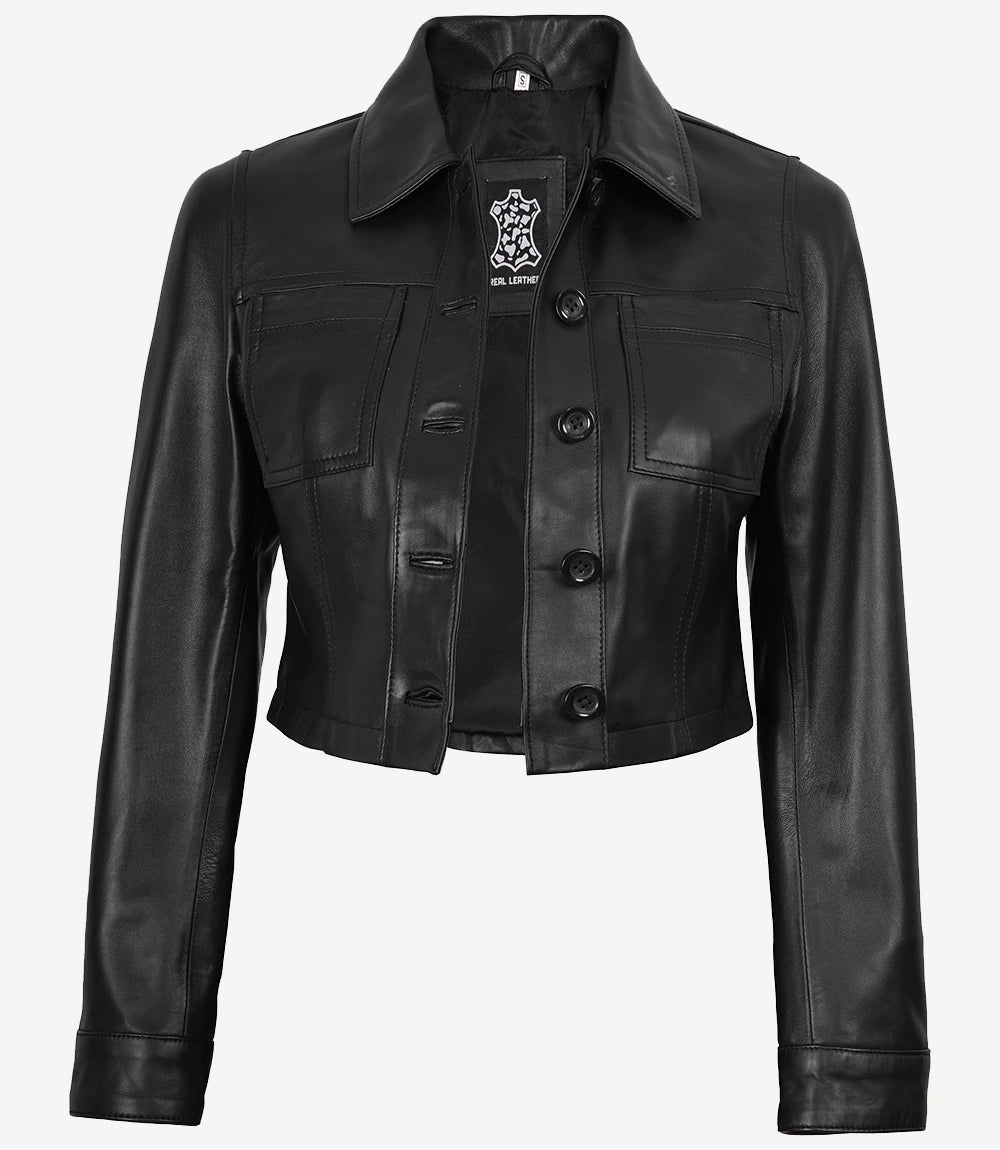 Veste courte en cuir noir pour femme
