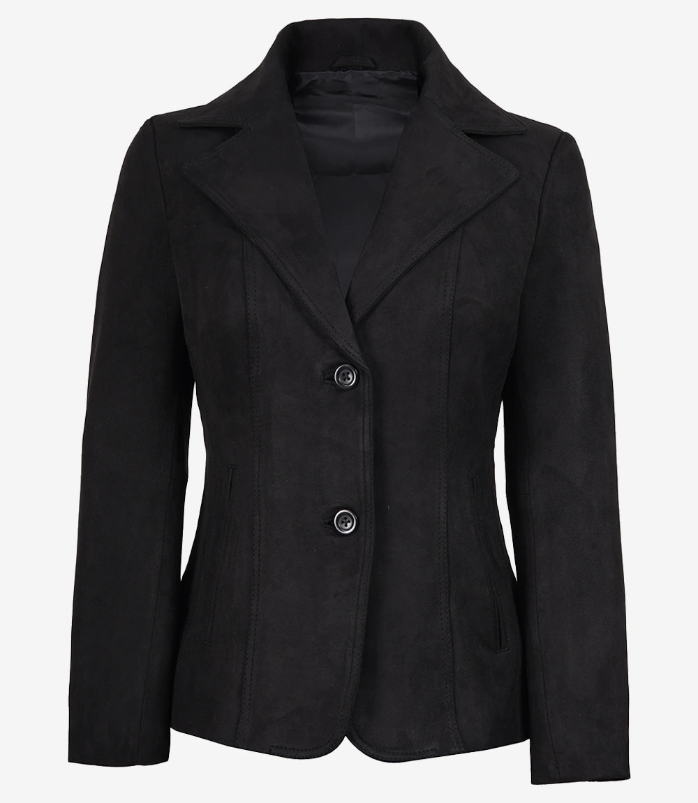 Women's Black Faux Suede Two-Button Closure Blazer