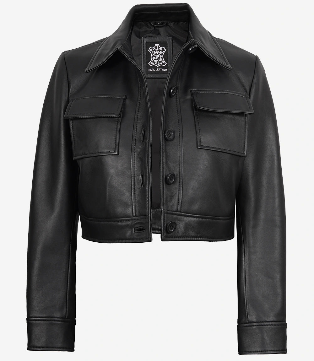 Womens Real Leather Black Cropped Trucker Jacket