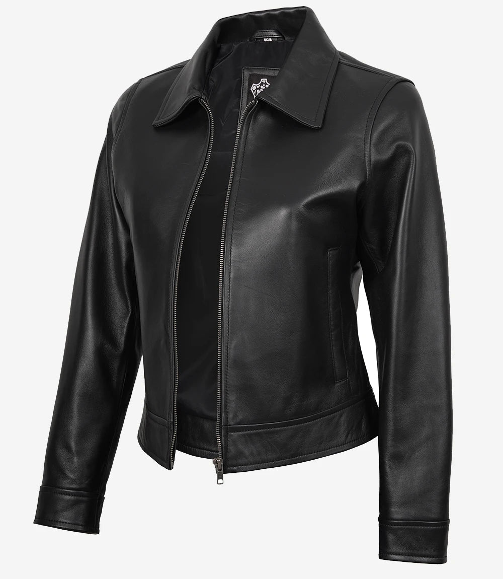 Womens Black Shirt Collar Harrington Leather Jacket