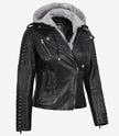 Veste en cuir noir style motard pour femme avec capuche