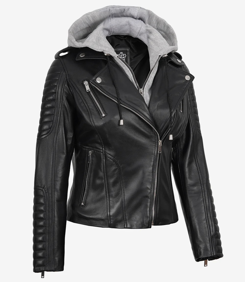Veste en cuir noir style motard pour femme avec capuche