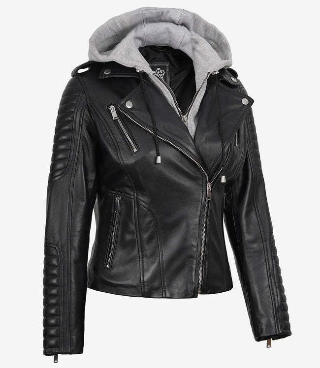 Veste en cuir noir style motard pour femme avec capuche