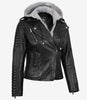 Veste en cuir noir style motard pour femme avec capuche