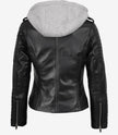 Veste en cuir noir style motard pour femme avec capuche