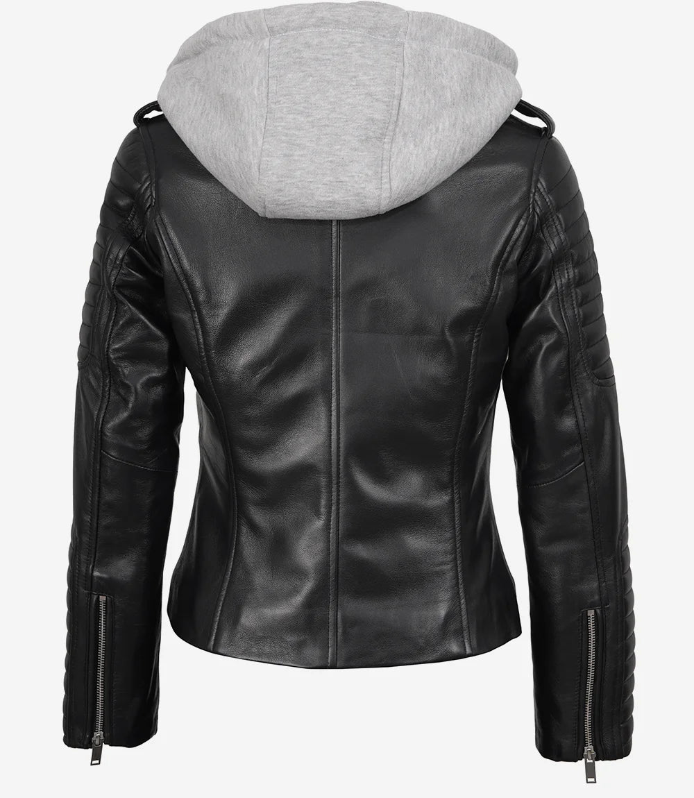Veste en cuir noir style motard pour femme avec capuche