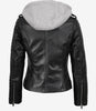 Veste en cuir noir style motard pour femme avec capuche