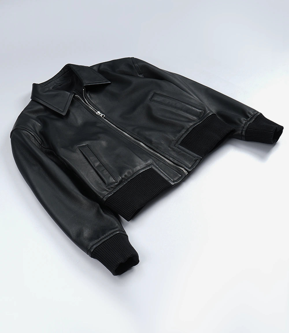 Women's Black Leather Bomber Jacket - Cropped Drop Shoulder Style
