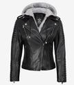 Veste en cuir noir style motard pour femme avec capuche