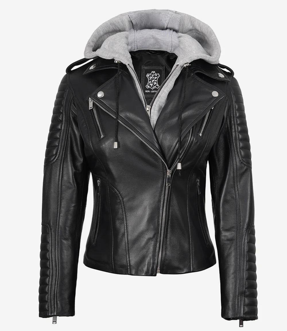Veste en cuir noir style motard pour femme avec capuche