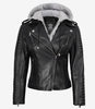 Veste en cuir noir style motard pour femme avec capuche