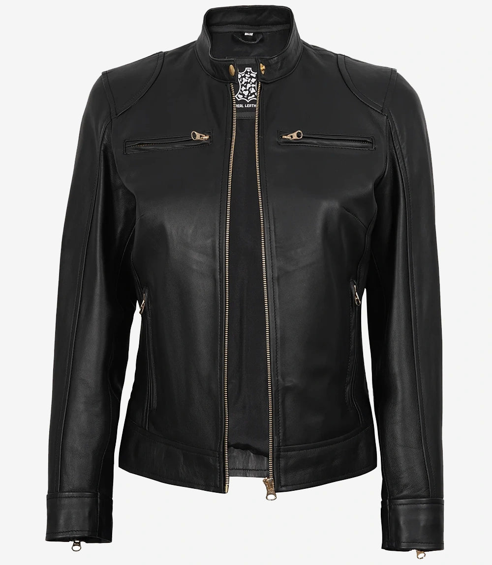 Womens Black Real Leather Biker Style Jacket - Golden Details