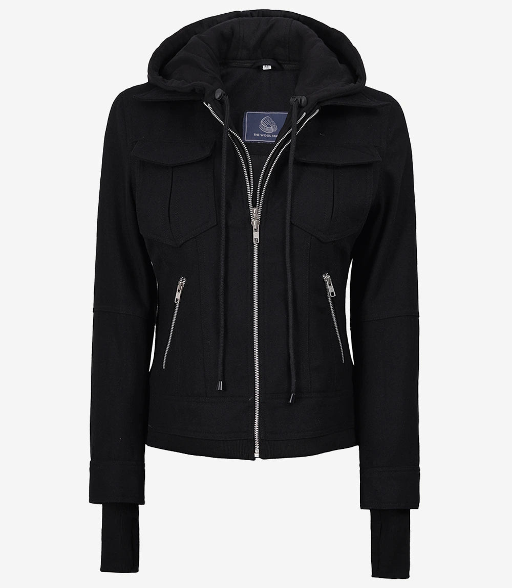 Women's Black Wool Jacket – Removable Hood with Zip Front