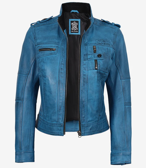Veste style motard en cuir d'agneau ciré bleu pour femme