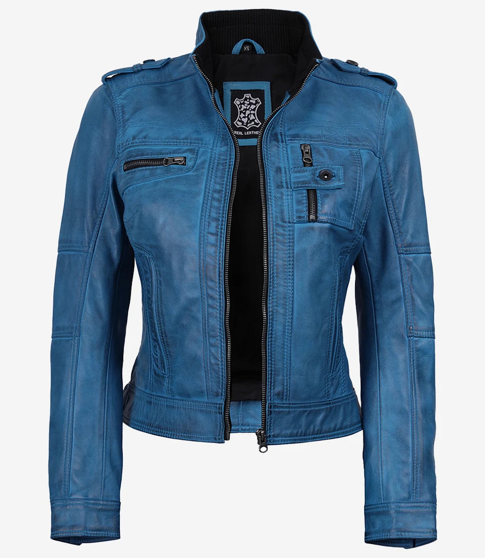 Veste style motard en cuir d'agneau ciré bleu pour femme