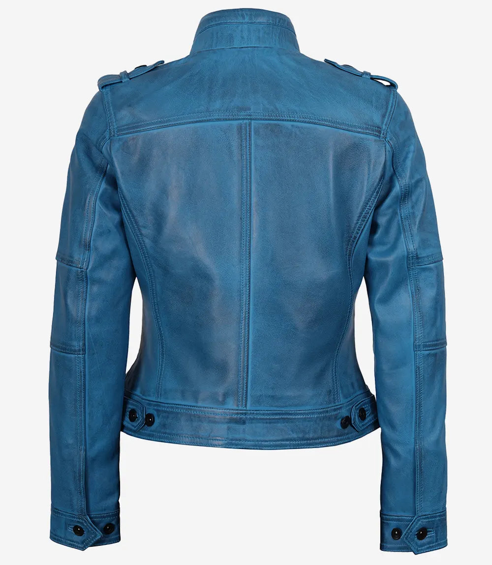 Veste style motard en cuir d'agneau ciré bleu pour femme