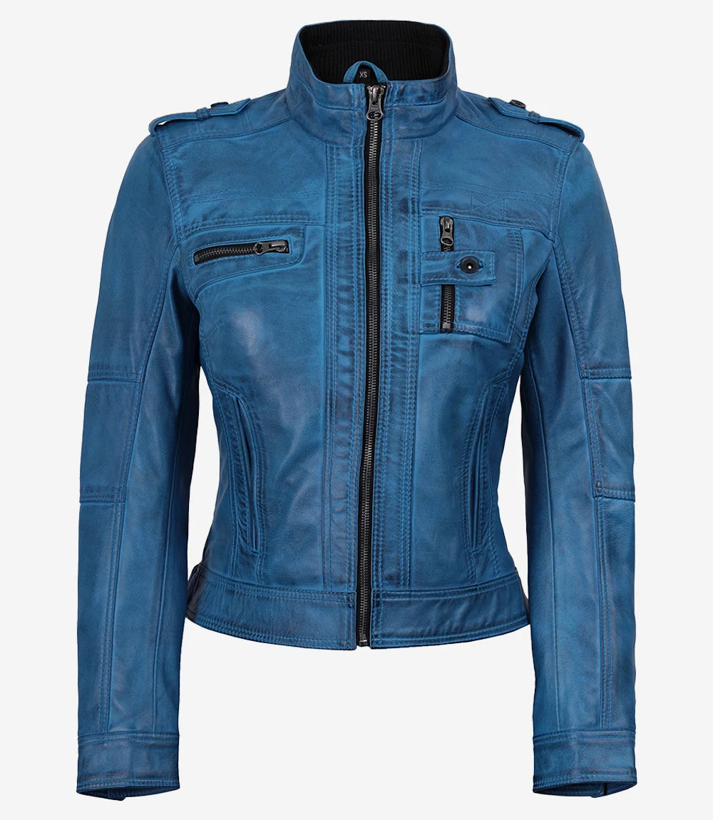 Veste style motard en cuir d'agneau ciré bleu pour femme